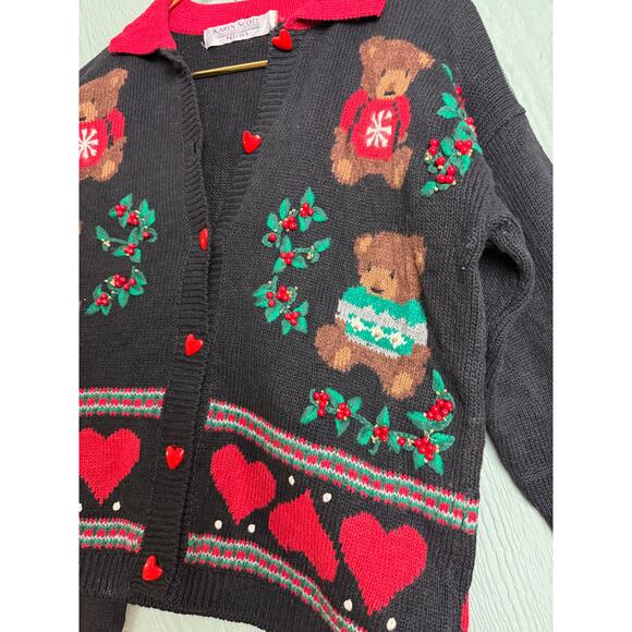 Vintage 90s Teddy Bear Christmas Cardigan Sweater PS Black Red Heart Embroidered - Picture 4 of 7